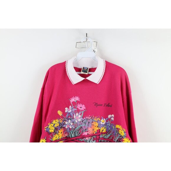 Vintage 90s Streetwear Womens Large Marco Island Flower Collared Sweatshirt USA - Picture 2 of 16